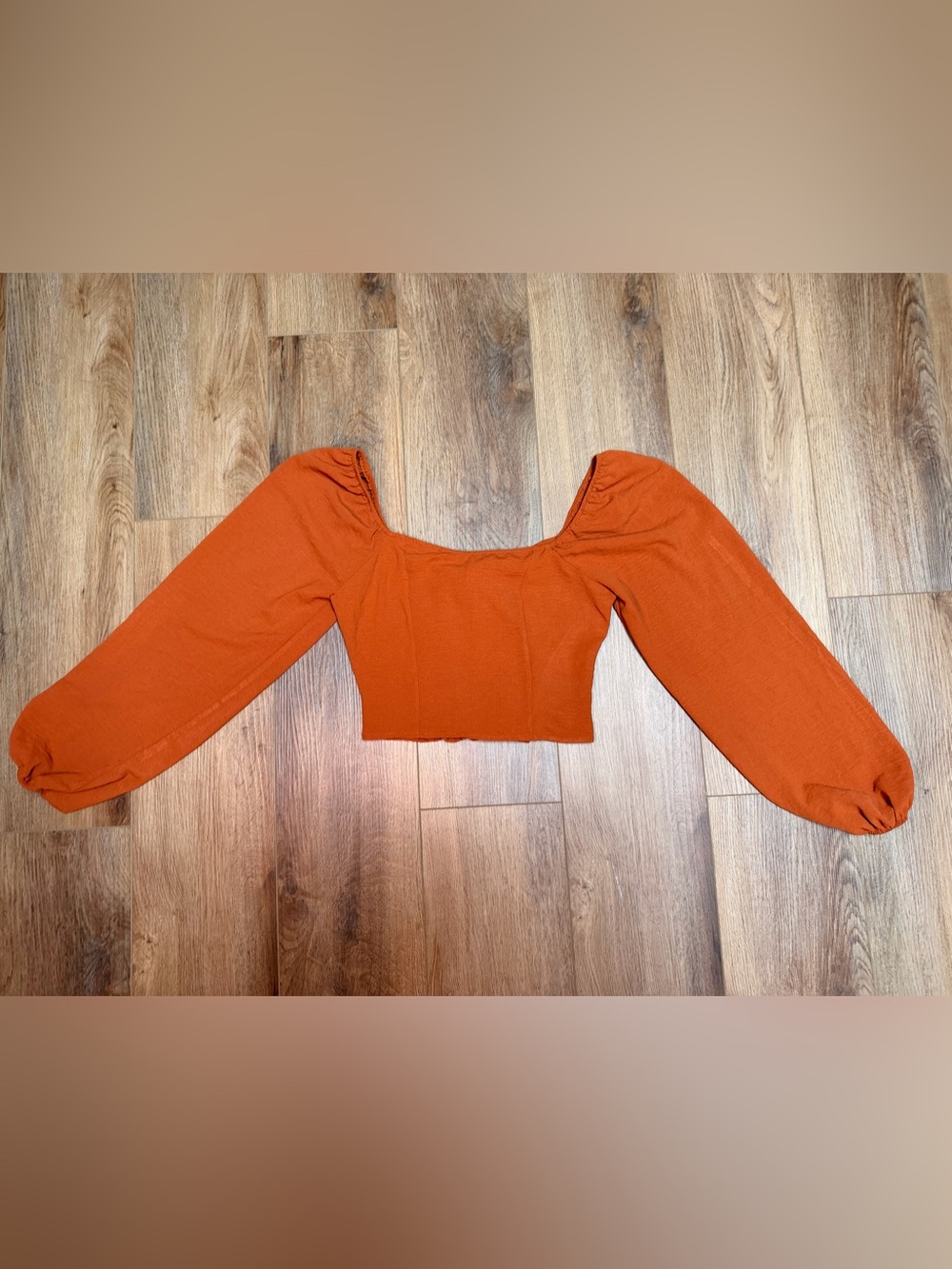 Altar’d State Rust Brown Tie Back Cropped Blouse Smocked Balloon Sleeve XS Fall